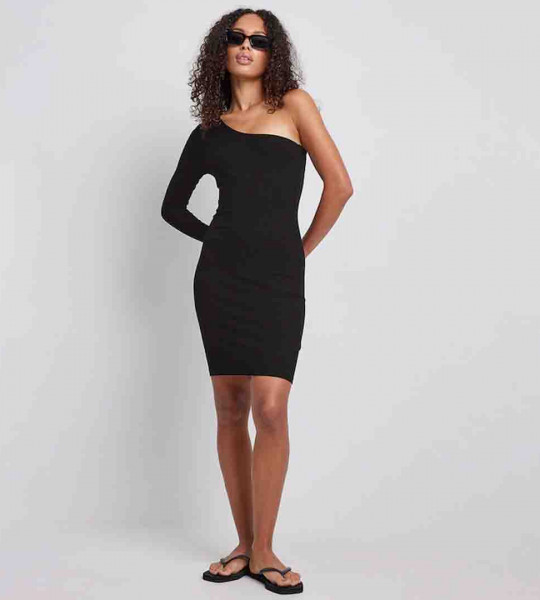 Black Solid One Shoulder Bodycon Mini Dress